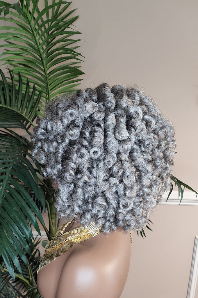 Gray Hair Wig Short Bob Hairstyle Afro Curl Hair Voluminous Kinky Hair Lace Front Wig Wand Curly Natural Yaki Texture Bob Wig Baby Hairs - Beauty Blessings LLC