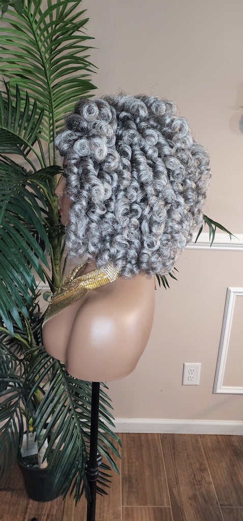 Gray Hair Wig Short Bob Hairstyle Afro Curl Hair Voluminous Kinky Hair Lace Front Wig Wand Curly Natural Yaki Texture Bob Wig Baby Hairs - Beauty Blessings LLC