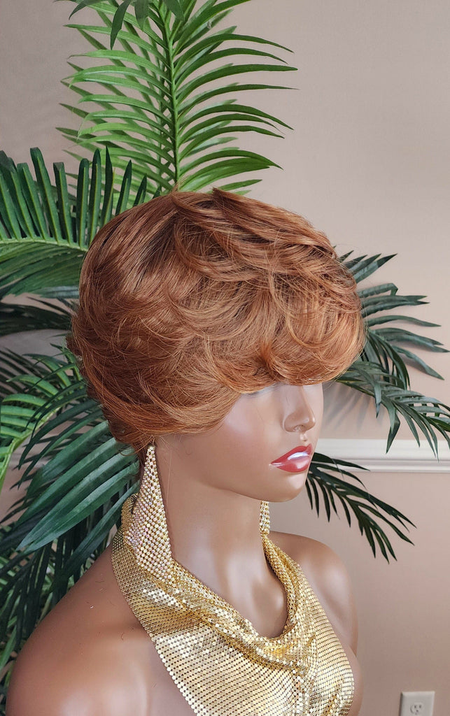 Strawberry Blonde Auburn Black Ombre Color Mix Hair Swoop Bang Pixie Cut Wig Short Hairstyle Glueless Wig Pin Curl Bang - Beauty Blessings LLC