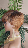Strawberry Blonde Auburn Black Ombre Color Mix Hair Swoop Bang Pixie Cut Wig Short Hairstyle Glueless Wig Pin Curl Bang - Beauty Blessings LLC