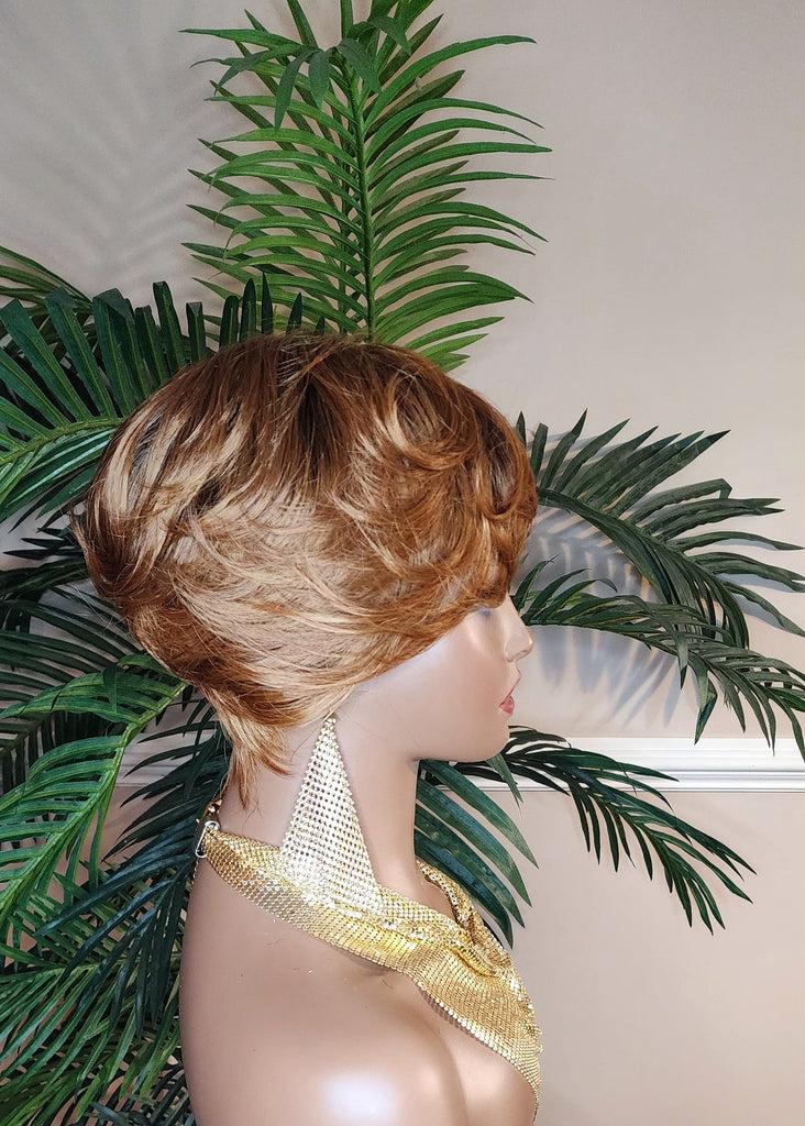 Strawberry Blonde Auburn Black Ombre Color Mix Hair Swoop Bang Pixie Cut Wig Short Hairstyle Glueless Wig Pin Curl Bang - Beauty Blessings LLC