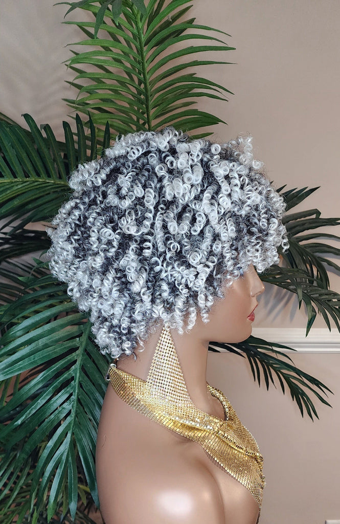 White Gray Hair Wig Coil Kinky Twist Spiral Curl Pixie Short Afro Natural Hairstyle Wig Ombre Black Gray Salt Pepper Human Hair Blend Wig  - Beauty Blessings LLC
