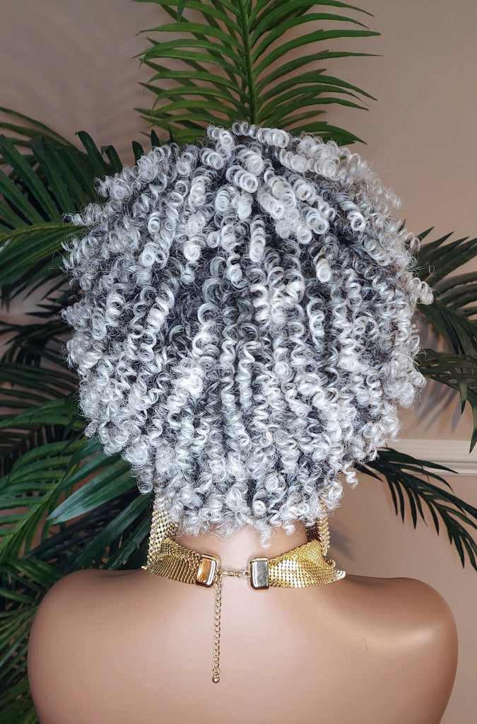 White Gray Hair Wig Coil Kinky Twist Spiral Curl Pixie Short Afro Natural Hairstyle Wig Ombre Black Gray Salt Pepper Human Hair Blend Wig  - Beauty Blessings LLC