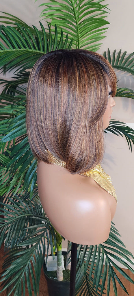 Auburn Hair Chocolate Brown Hair Wig Pixie Cut Bob Hairstyle Swoop Bang Glueless Full Cap Wig Ombre Auburn Brown Wig - Beauty Blessings LLC