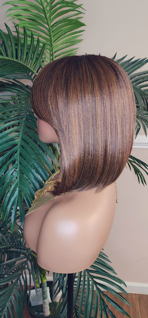 Auburn Hair Chocolate Brown Hair Wig Pixie Cut Bob Hairstyle Swoop Bang Glueless Full Cap Wig Ombre Auburn Brown Wig - Beauty Blessings LLC