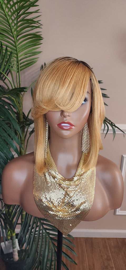 Strawberry Blonde Hair Bob Human Hair Brazilian Remy Hair Natural Hairstyle Swoop Bang Bob Style Full Cap Wig - Beauty Blessings LLC
