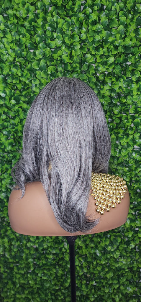 Salt and Pepper Gray Hair Wig Mix Gray Afro Blowout Yaki Texture Heat Resistant Fiber Lace Front Glueless Wig Loose Curl Kinky Hair Wig - Beauty Blessings LLC