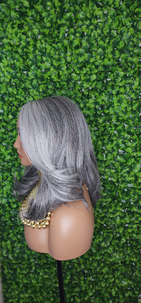 Salt and Pepper Gray Hair Wig Mix Gray Afro Blowout Yaki Texture Heat Resistant Fiber Lace Front Glueless Wig Loose Curl Kinky Hair Wig - Beauty Blessings LLC