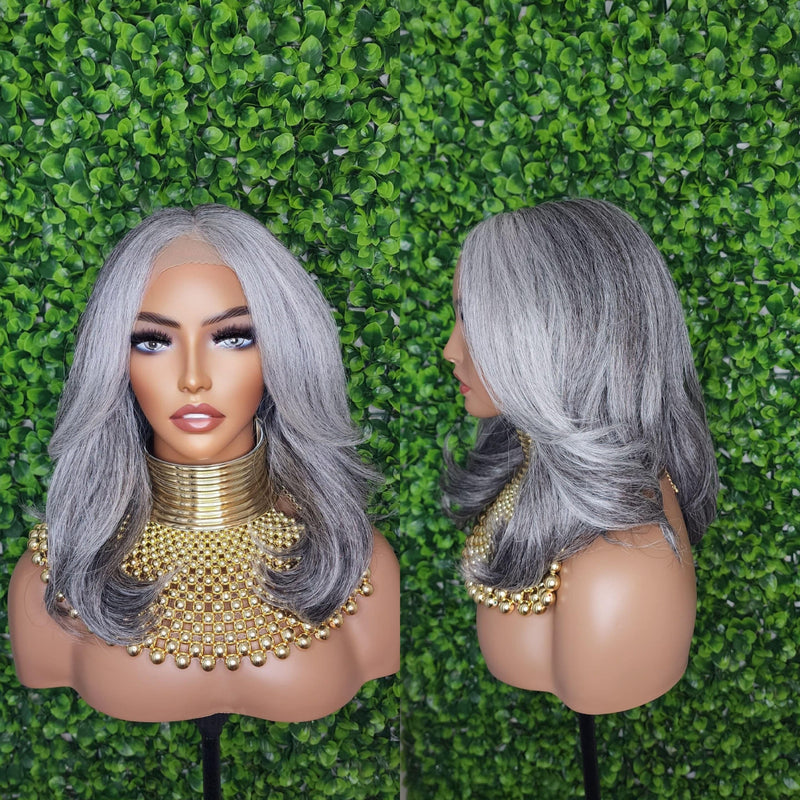 Salt and Pepper Gray Hair Wig Mix Gray Afro Blowout Yaki Texture Heat Resistant Fiber Lace Front Glueless Wig Loose Curl Kinky Hair Wig - Beauty Blessings LLC