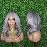 Salt and Pepper Gray Hair Wig Mix Gray Afro Blowout Yaki Texture Heat Resistant Fiber Lace Front Glueless Wig Loose Curl Kinky Hair Wig