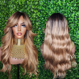 Honey Blonde Mix Hair Wig Loose Curl Long Hair Swoop Bang Hair Layered Curls Full Cap Wig Fashion Hairstyle Glueless Wig - Beauty Blessings LLC