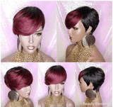 Burgundy Wine Ombre Hair Wig Short Hairstyle Pixie Cut Style Wig with Swoop Bangs - Beauty Blessings LLC