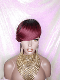 Burgundy Wine Ombre Hair Wig Short Hairstyle Pixie Cut Style Wig with Swoop Bangs - Beauty Blessings LLC