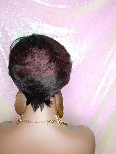 Burgundy Wine Ombre Hair Wig Short Hairstyle Pixie Cut Style Wig with Swoop Bangs - Beauty Blessings LLC