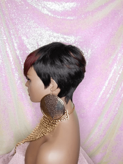 Burgundy Wine Ombre Hair Wig Short Hairstyle Pixie Cut Style Wig with Swoop Bangs - Beauty Blessings LLC