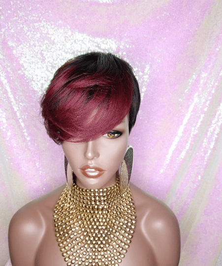 Burgundy Wine Ombre Hair Wig Short Hairstyle Pixie Cut Style Wig with Swoop Bangs - Beauty Blessings LLC