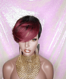 Burgundy Wine Ombre Hair Wig Short Hairstyle Pixie Cut Style Wig with Swoop Bangs - Beauty Blessings LLC
