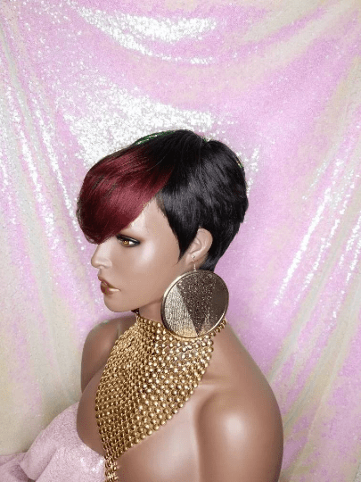 Burgundy Wine Ombre Hair Wig Short Hairstyle Pixie Cut Style Wig with Swoop Bangs - Beauty Blessings LLC