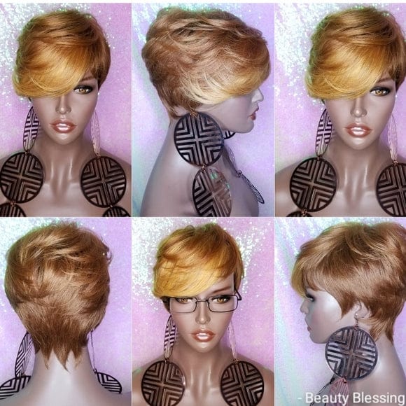 Swoop Bang Pixie Cut Ombre Pixie Wig Short Cut Strawberry Blonde Auburn Gold Wigs - Beauty Blessing Wigs & Hair Extensions Boutique