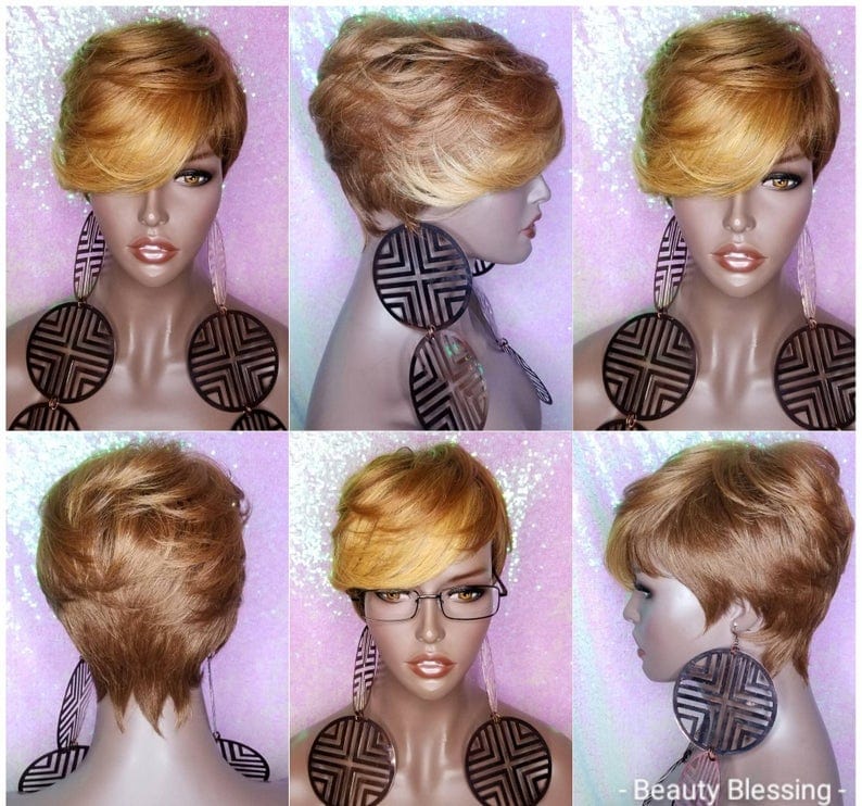 Swoop Bang Pixie Cut Ombre Pixie Wig Short Cut Strawberry Blonde Auburn Gold Wigs - Beauty Blessing Wigs & Hair Extensions Boutique