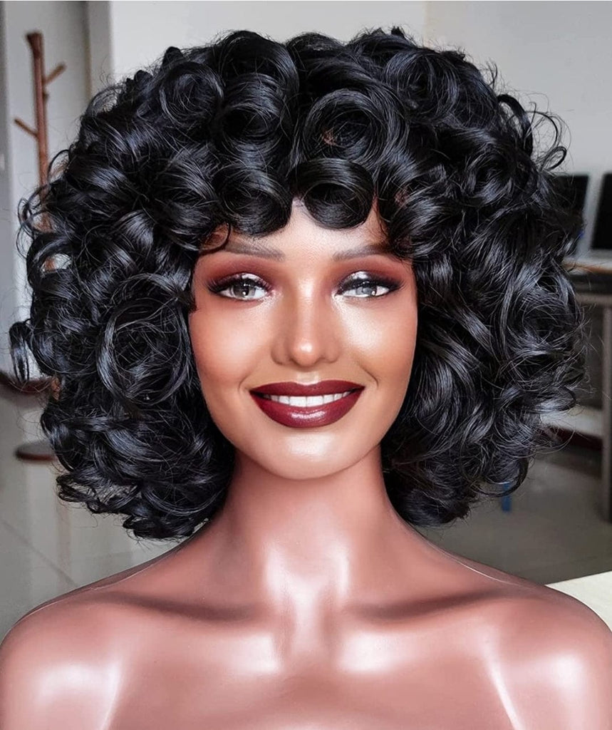 Big Curl Wigs Short Hairstyle Wig Glueless Women Wig with Bangs Curly Hair Women Fashion Wig Red Carpet Wig Bouncy Curl Hairstyle - Beauty Blessings LLC