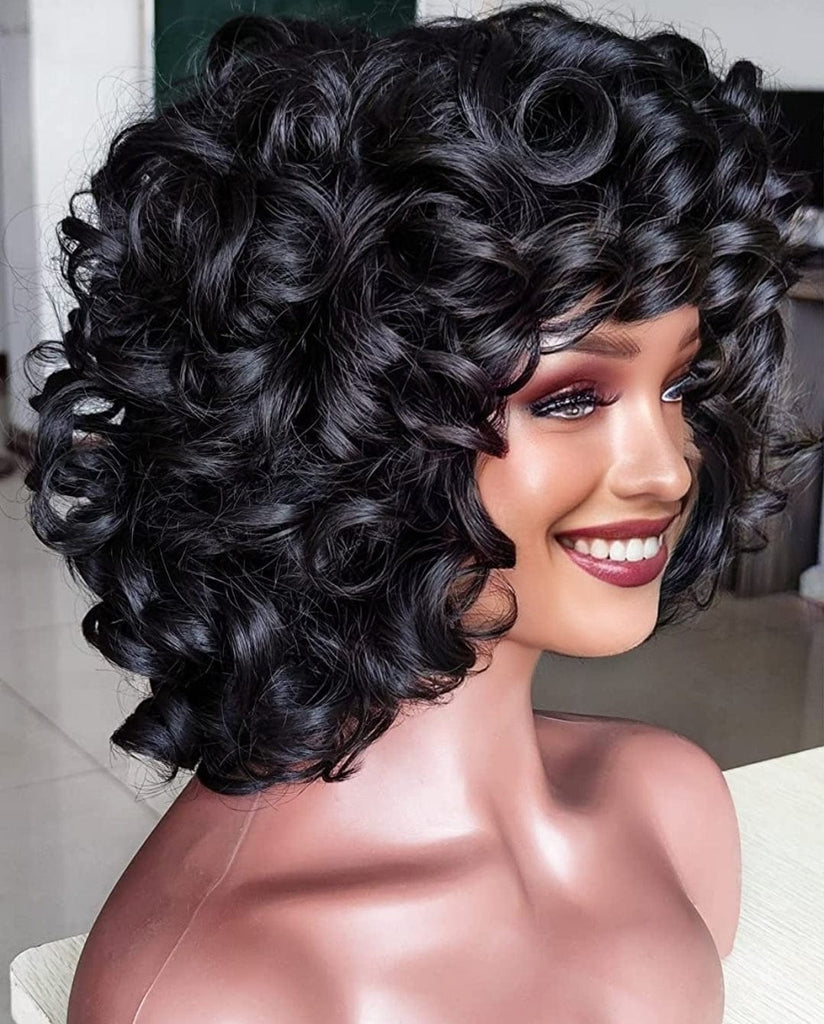 Big Curl Wigs Short Hairstyle Wig Glueless Women Wig with Bangs Curly Hair Women Fashion Wig Red Carpet Wig Bouncy Curl Hairstyle - Beauty Blessings LLC