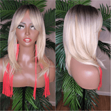 Ombre Ash Blonde Glueless Wig Light Blonde Straight Layered Hairstyle Full Cap Wig
