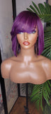 Purple Hair Wig Bob Brazilian Remy Human Hair Remy Short Hair Bob Style Swoop Bang Wig Full Cap Wig - Beauty Blessings LLC