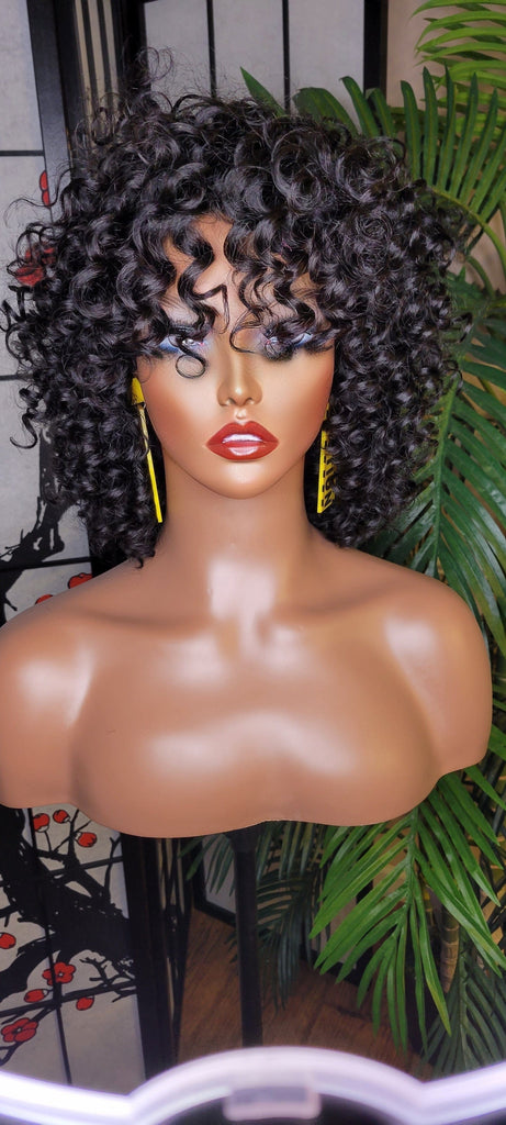 Short Small Curly Hairstyle Bob Wig Style Brazilian Remy 100% Human Hair Full Cap Women Wig Curly Hair with Bangs - Beauty Blessings LLC