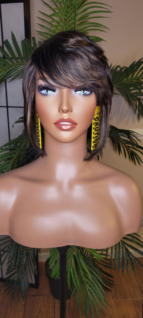 Short Bob Pixie Cut Brazilian Remy Hair Layered Hair Bob Style with Swoop Bangs Sassy Razor Cut Full Cap Wig - Beauty Blessings LLC