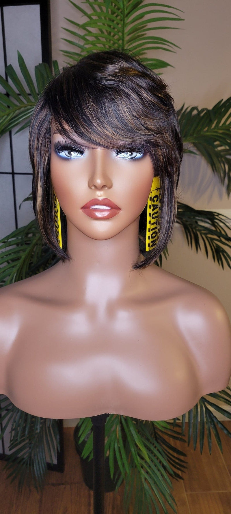 Short Bob Pixie Cut Brazilian Remy Hair Layered Hair Bob Style with Swoop Bangs Sassy Razor Cut Full Cap Wig - Beauty Blessings LLC