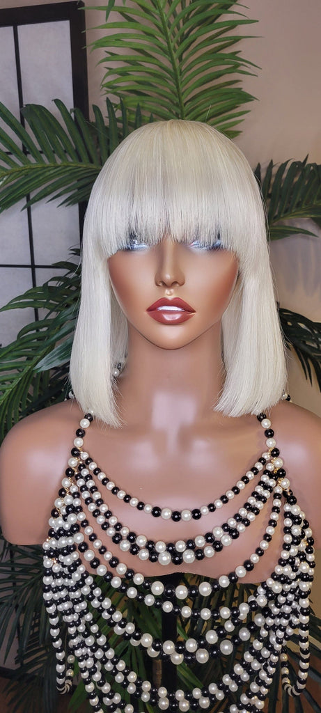 BLONDE Bob Short China Bang Wig Remy 100% Human Hair Wig Razor Cut Bob Hair Style - Beauty Blessings LLC