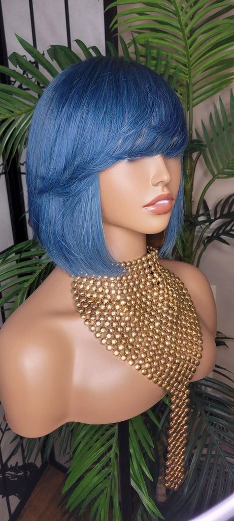Blue Hair Wig Bob Brazilian Remy Human Hair Short Hair Bob Hairstyle Swoop Bang Hair Full Cap Wig - Beauty Blessings LLC