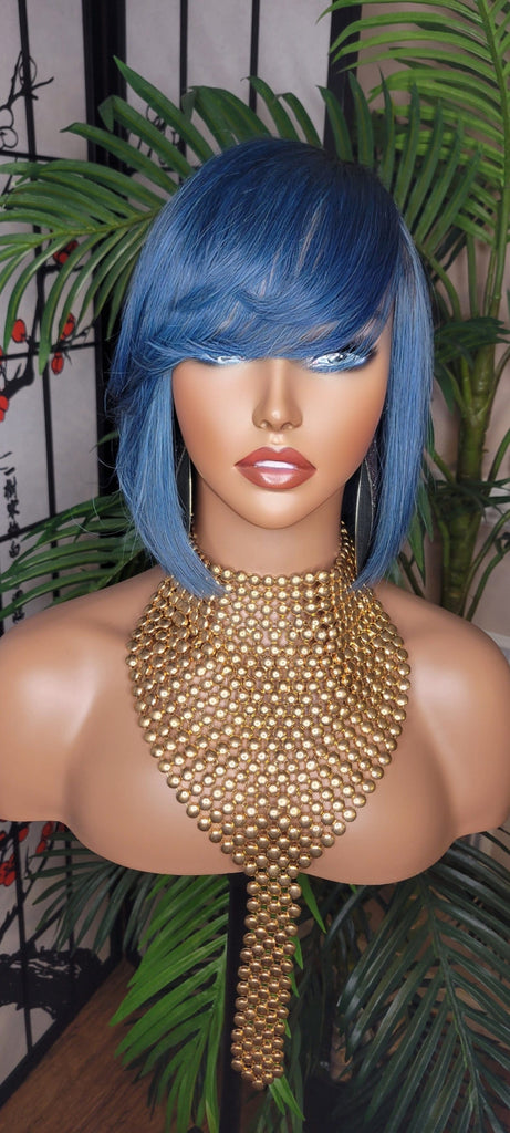 Blue Hair Wig Bob Brazilian Remy Human Hair Short Hair Bob Hairstyle Swoop Bang Hair Full Cap Wig - Beauty Blessings LLC