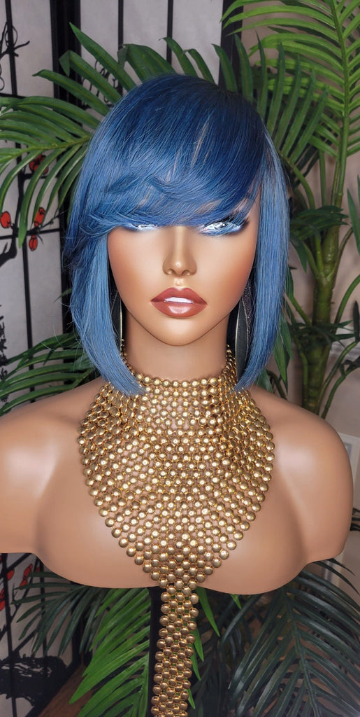 Blue Hair Wig Bob Brazilian Remy Human Hair Short Hair Bob Hairstyle Swoop Bang Hair Full Cap Wig - Beauty Blessings LLC