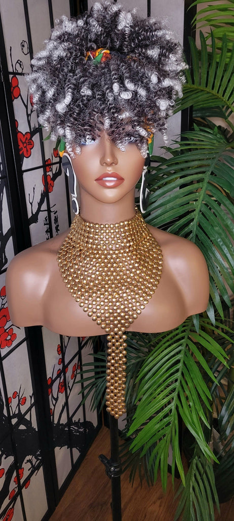 Gray Hair Turban Wig Afro Kinky Puff Bangs Afro Twist Hair Afro Bang Gray Salt Pepper Gray Colored Afro Puff Hair African Print Turban Wig - Beauty Blessings LLC