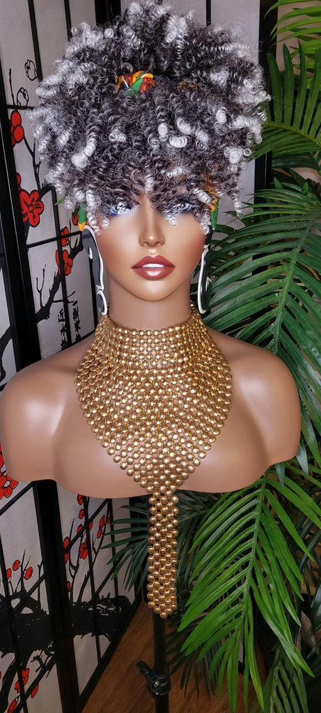 Gray Hair Turban Wig Afro Kinky Puff Bangs Afro Twist Hair Afro Bang Gray Salt Pepper Gray Colored Afro Puff Hair African Print Turban Wig - Beauty Blessings LLC