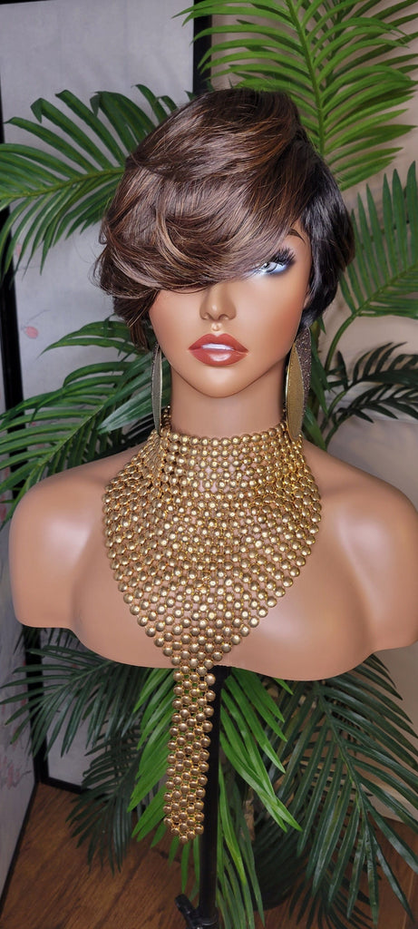 Brown Auburn Black Ombre Colored Hair Pixie Cut Wigs Swoop Bang Premium Fiber Heat Resistant Short Style Layered Hair Wig - Beauty Blessings LLC