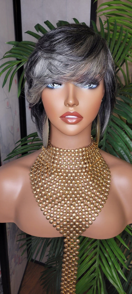 Dark Salt & Pepper Gray Tone Pixie Bob Cut Layered Brazilian Remy Human Hair Wig - Beauty Blessing Wigs & Hair Extensions Boutique