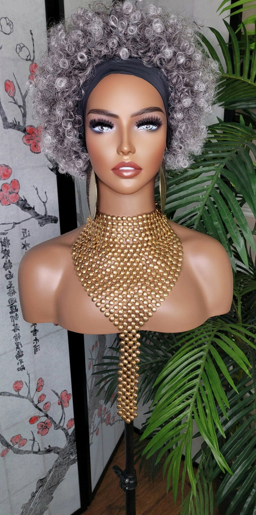 Gray Afro Kinky Salt & Pepper Hair Headband Wig Afro Curly Hair Gray Colored Short Natural Hairstyle Wig - Beauty Blessings LLC