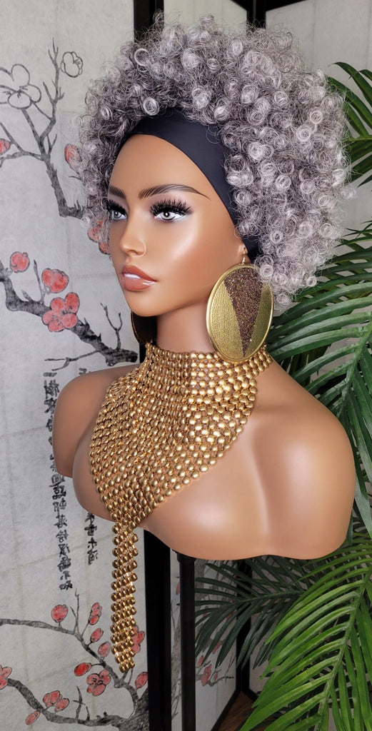 Gray Afro Kinky Salt & Pepper Hair Headband Wig Afro Curly Hair Gray Colored Short Natural Hairstyle Wig - Beauty Blessings LLC