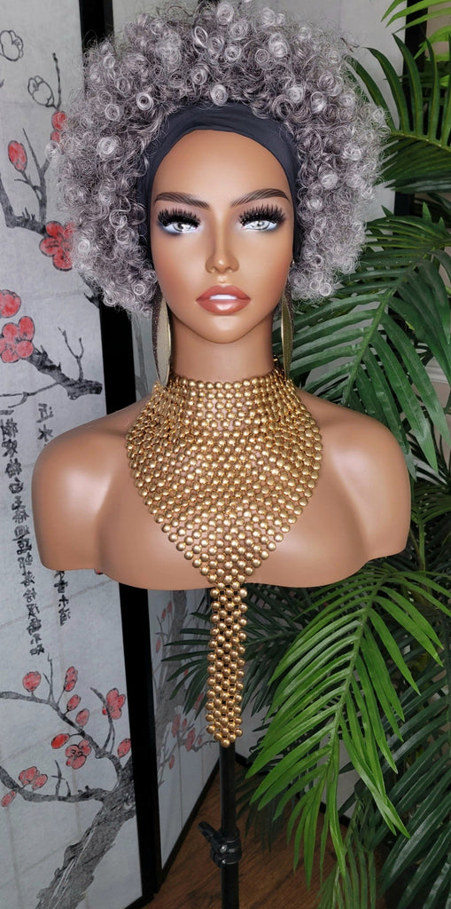 Gray Afro Kinky Salt & Pepper Hair Headband Wig Afro Curly Hair Gray Colored Short Natural Hairstyle Wig - Beauty Blessings LLC