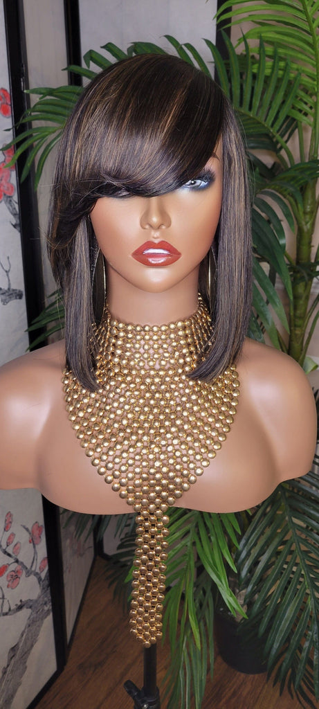 Ombre Auburn Hair Bob Human Hair Brazilian Remy Hair Natural Hairstyle Swoop Bang Bob Style Full Cap Wig - Beauty Blessings LLC