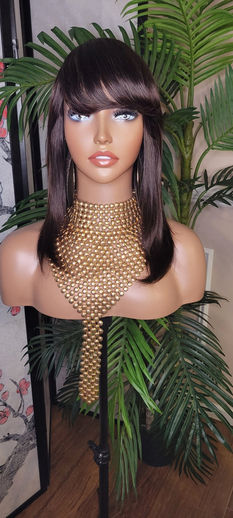 Brazilian Remy 100% Human Hair Straight Wrap Style Layered Swoop Bang Full Cap Wig Fashion Hair Wig - Beauty Blessings LLC