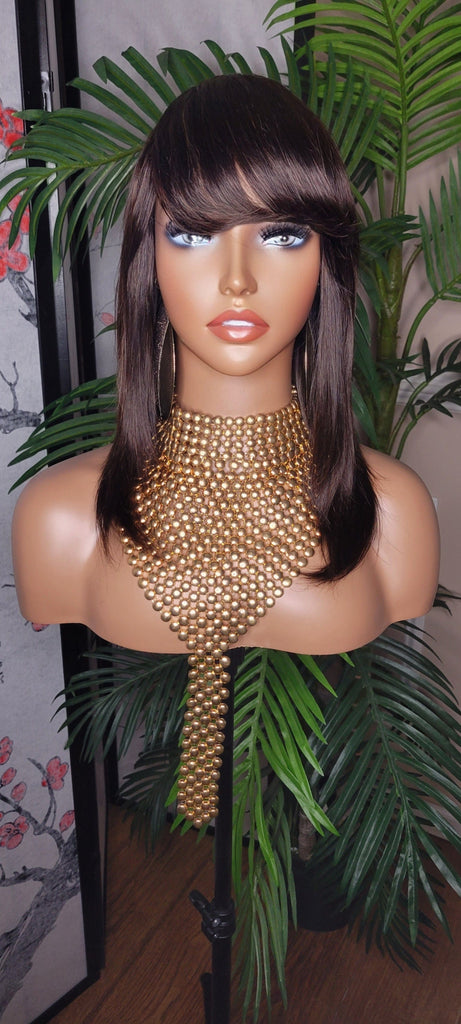 Brazilian Remy 100% Human Hair Straight Wrap Style Layered Swoop Bang Full Cap Wig Fashion Hair Wig - Beauty Blessings LLC