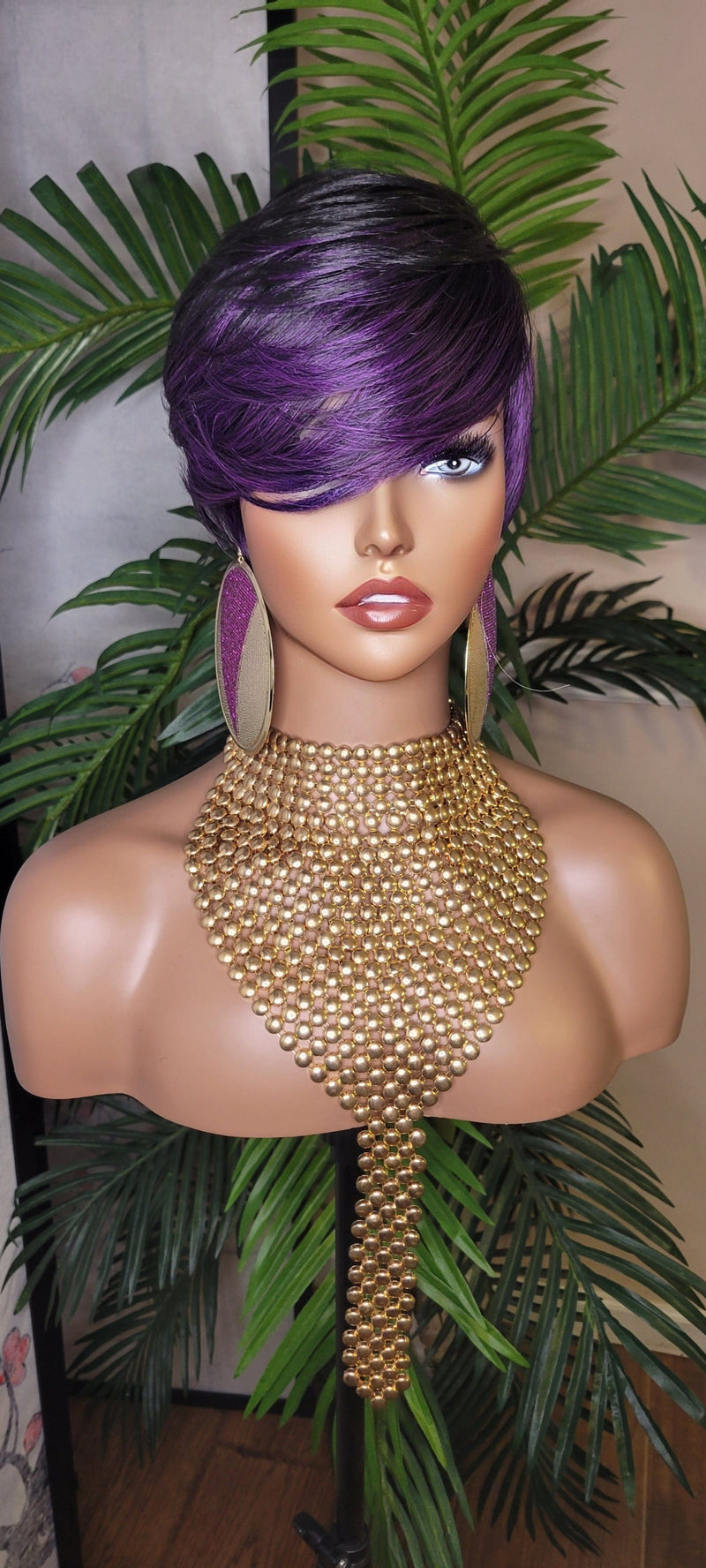 Purple Hair Wig Pixie Cut Hairstyle Wig Pixie Cut Wig with Swoop Bangs Purple Hair Wig - Beauty Blessings LLC