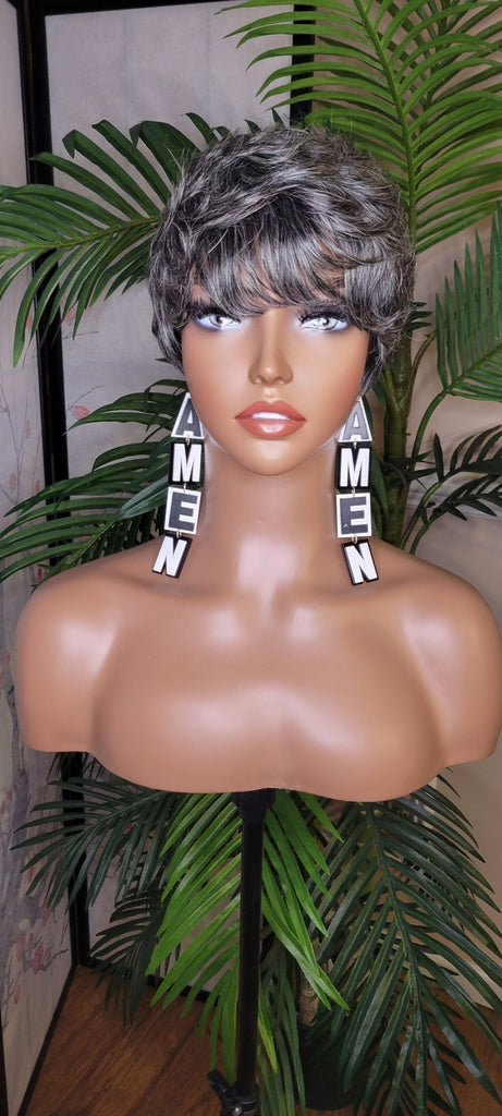 Salt and Pepper Gray Hair Pixie Cut Brazilian Remy Human Hair Fashion Beauty Gray Hair Wig - Beauty Blessings LLC