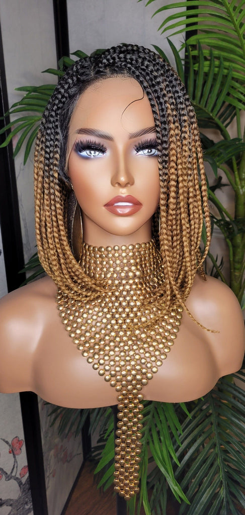 Ombre Strawberry Blonde Brown Bob Box Braids Bob Lace Wig Flexible Parting Lace Front Wig Short Small Box Braid Bob Glueless Lace Wig - Beauty Blessings LLC