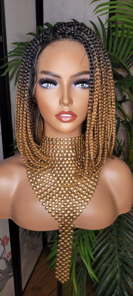 Ombre Strawberry Blonde Brown Bob Box Braids Bob Lace Wig Flexible Parting Lace Front Wig Short Small Box Braid Bob Glueless Lace Wig - Beauty Blessings LLC