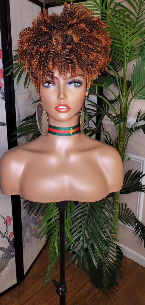 Turban Hair Wig Afro Kinky Puff Bangs Wig Auburn Afro Curly Corkscrew Hair Wrap Wig African Print Head Wrap Wig Afro Puff Hair Bang Wig - Beauty Blessings LLC